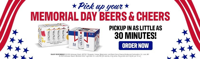 Pick up your Memorial Day beers & cheers. Pickup in as little as 30 minutes! Enjoy responsibly. (C)2025 Anheuser-Busch, NUTRL(R) Pinapple, Orange, Watermelon, and Black Cherry Flavored Vodka and Carbonation, St. Louis, MO (C)2025 Anheuser-Busch, Michellob